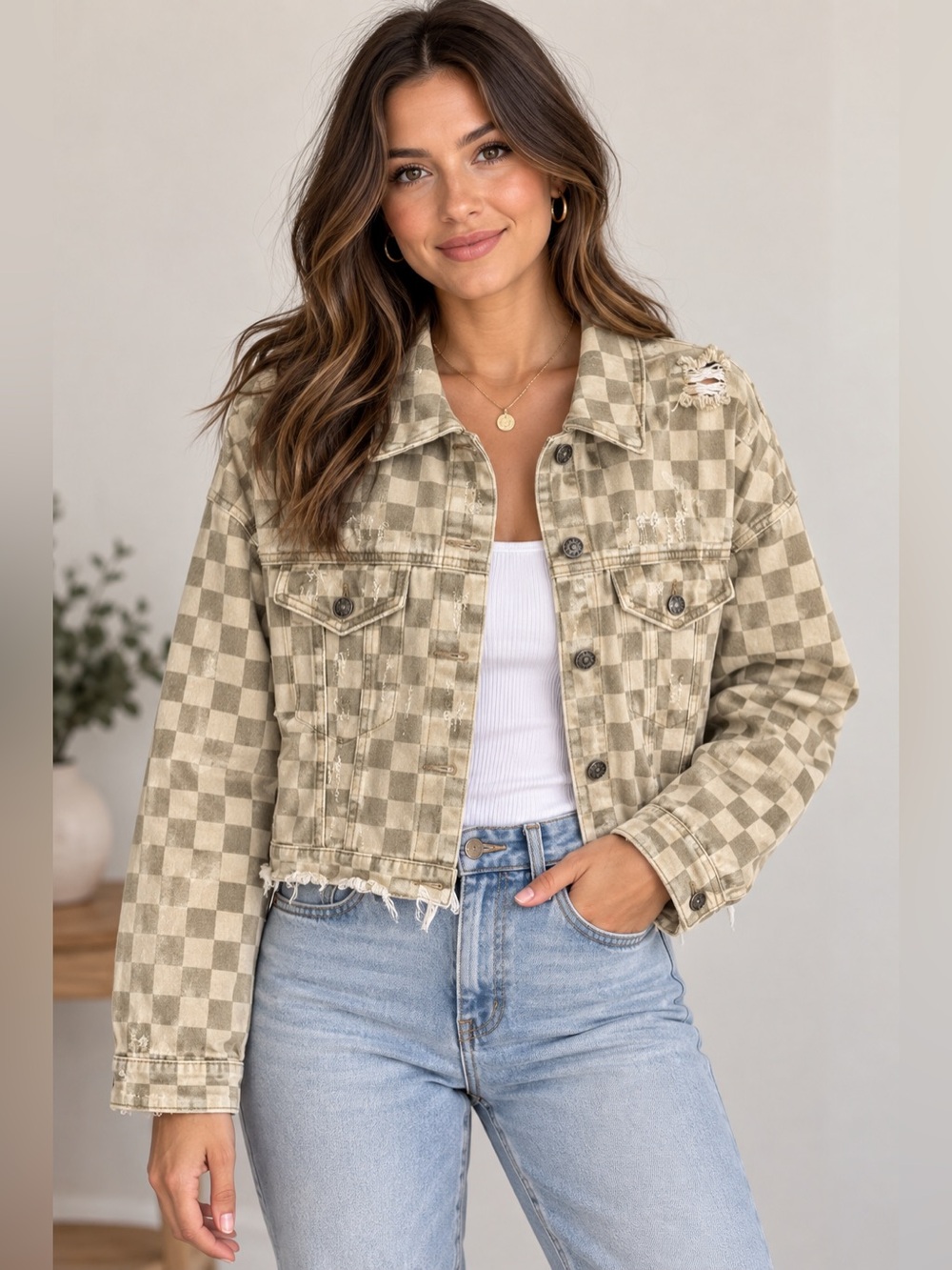 Mustard Seed Beige & Cream Checkered Distressed Crop Jacket Size S